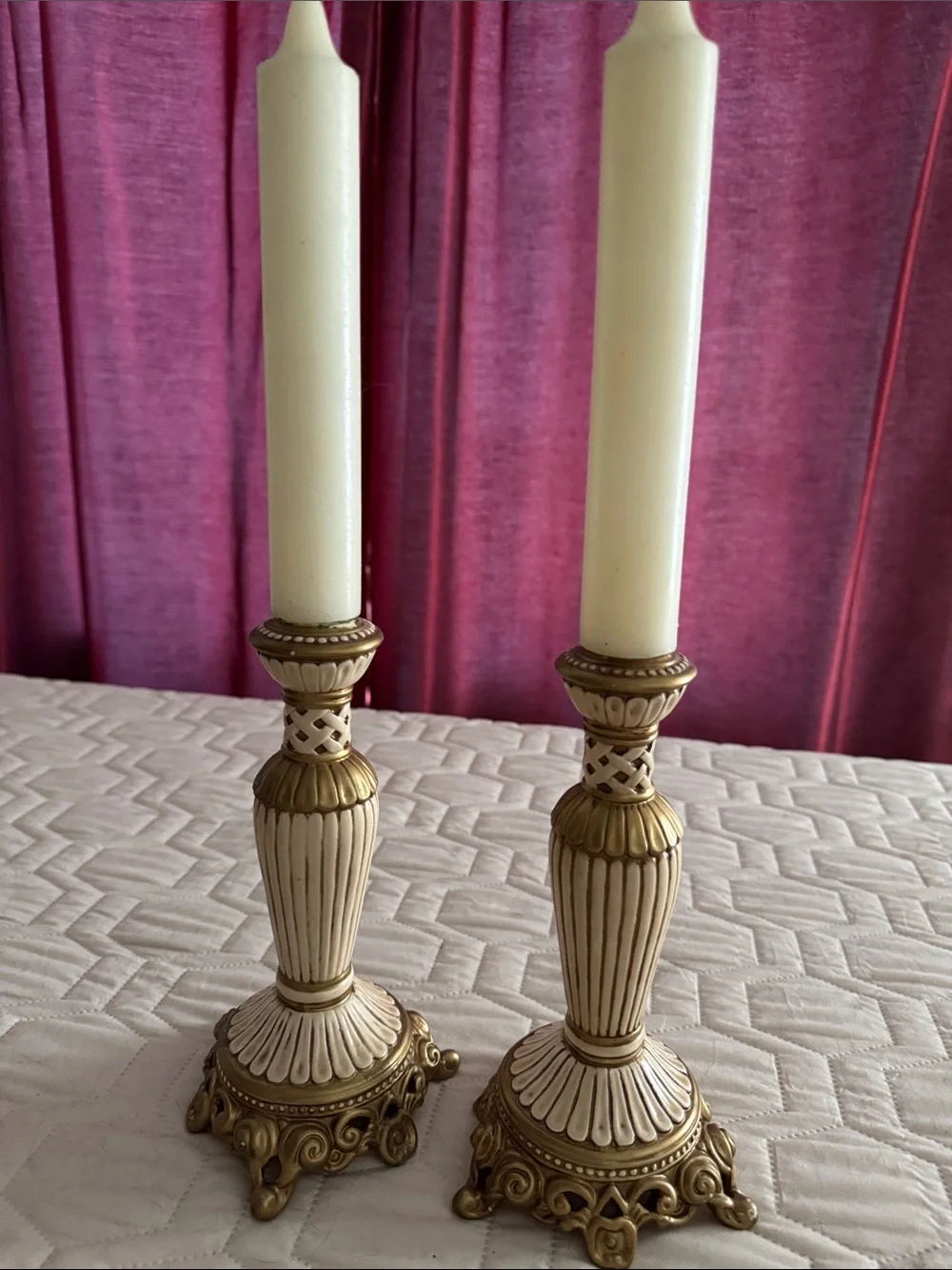 Fitz and Floyd Elegant Ivory and Gold Decorative Candlestick Pair